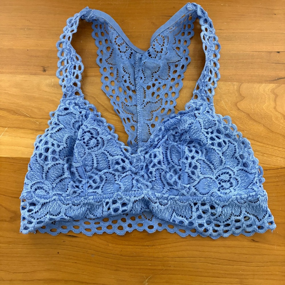 Aerie Blue Floral Lace Racerback Bralette XS Lined Wireless Eyelet Trim